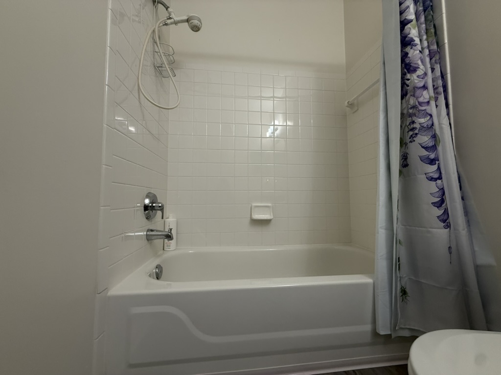Bathroom with a standard bathtub that requires a high step over the tub wall